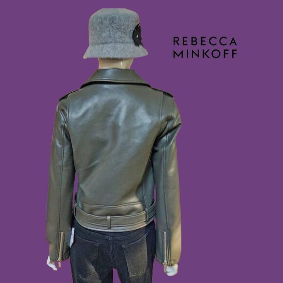 REBECCA MINKOFF NEW OLIVE Faux Leather Belted Waist Moto Jacket M - Picture 9 of 12